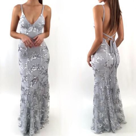 Silver V-Neck Sequin Mermaid Gown - Picture 3 of 7